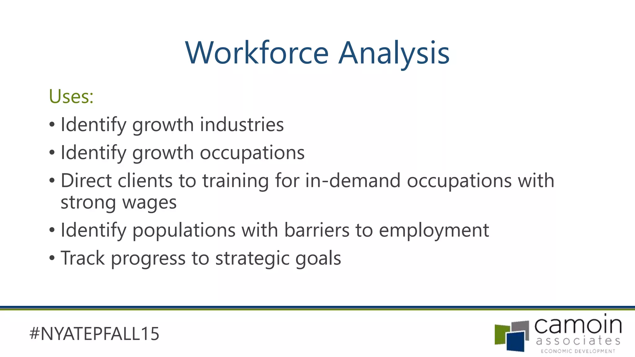 #NYATEPFALL15
Workforce Analysis
Uses:
• Identify growth industries
• Identify growth occupations
• Direct clients to training for in-demand occupations with
strong wages
• Identify populations with barriers to employment
• Track progress to strategic goals
 