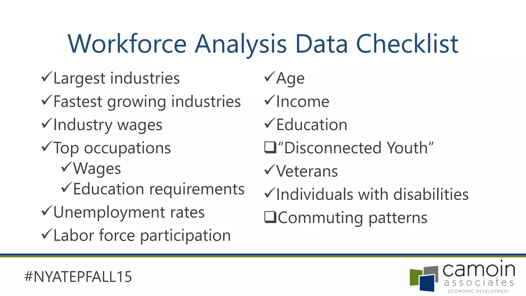 #NYATEPFALL15
Workforce Analysis Data Checklist
Largest industries
Fastest growing industries
Industry wages
Top occupations
Wages
Education requirements
Unemployment rates
Labor force participation
Age
Income
Education
“Disconnected Youth”
Veterans
Individuals with disabilities
Commuting patterns
 