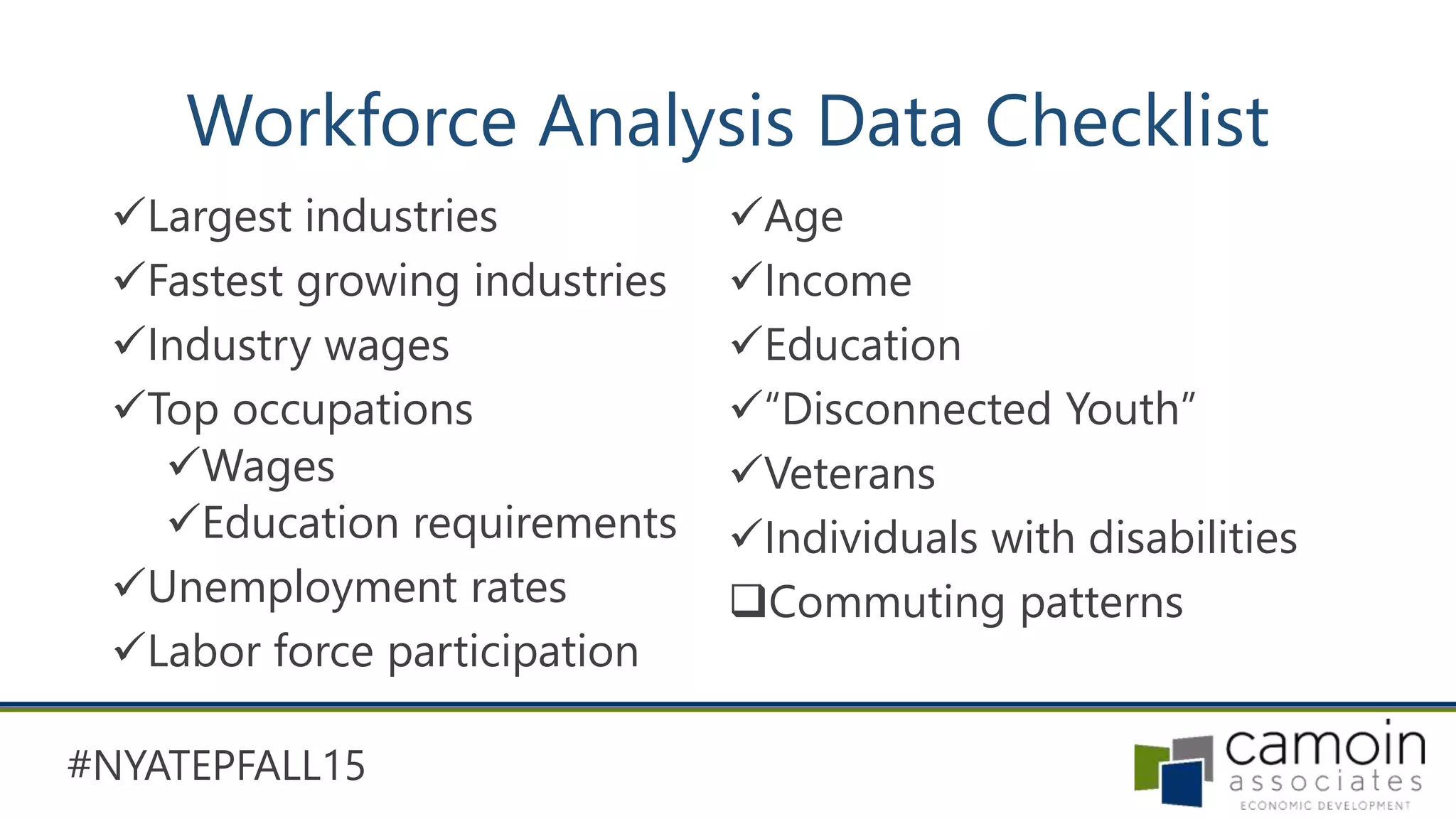 #NYATEPFALL15
Workforce Analysis Data Checklist
Largest industries
Fastest growing industries
Industry wages
Top occupations
Wages
Education requirements
Unemployment rates
Labor force participation
Age
Income
Education
“Disconnected Youth”
Veterans
Individuals with disabilities
Commuting patterns
 