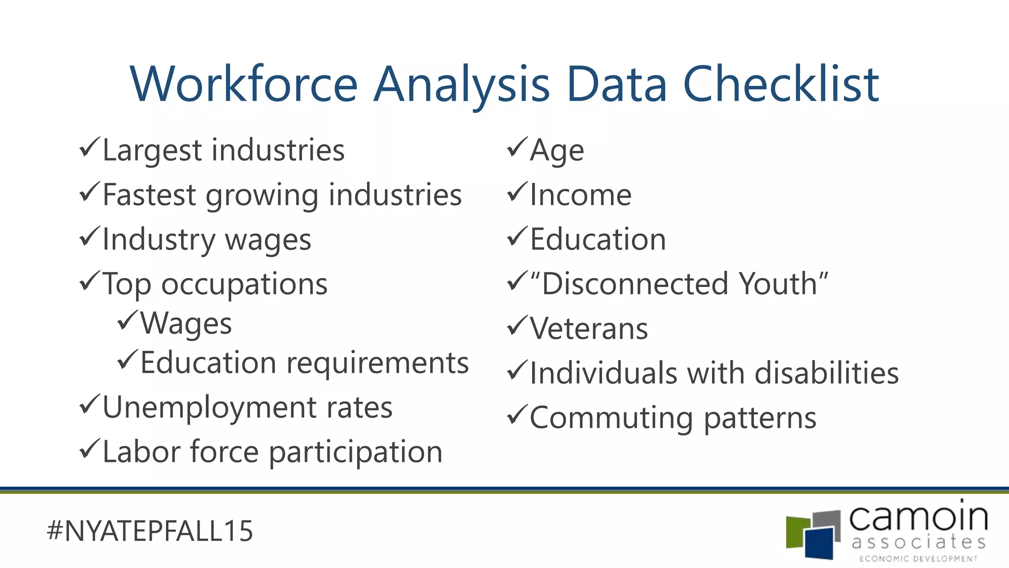 #NYATEPFALL15
Workforce Analysis Data Checklist
Largest industries
Fastest growing industries
Industry wages
Top occupations
Wages
Education requirements
Unemployment rates
Labor force participation
Age
Income
Education
“Disconnected Youth”
Veterans
Individuals with disabilities
Commuting patterns
 