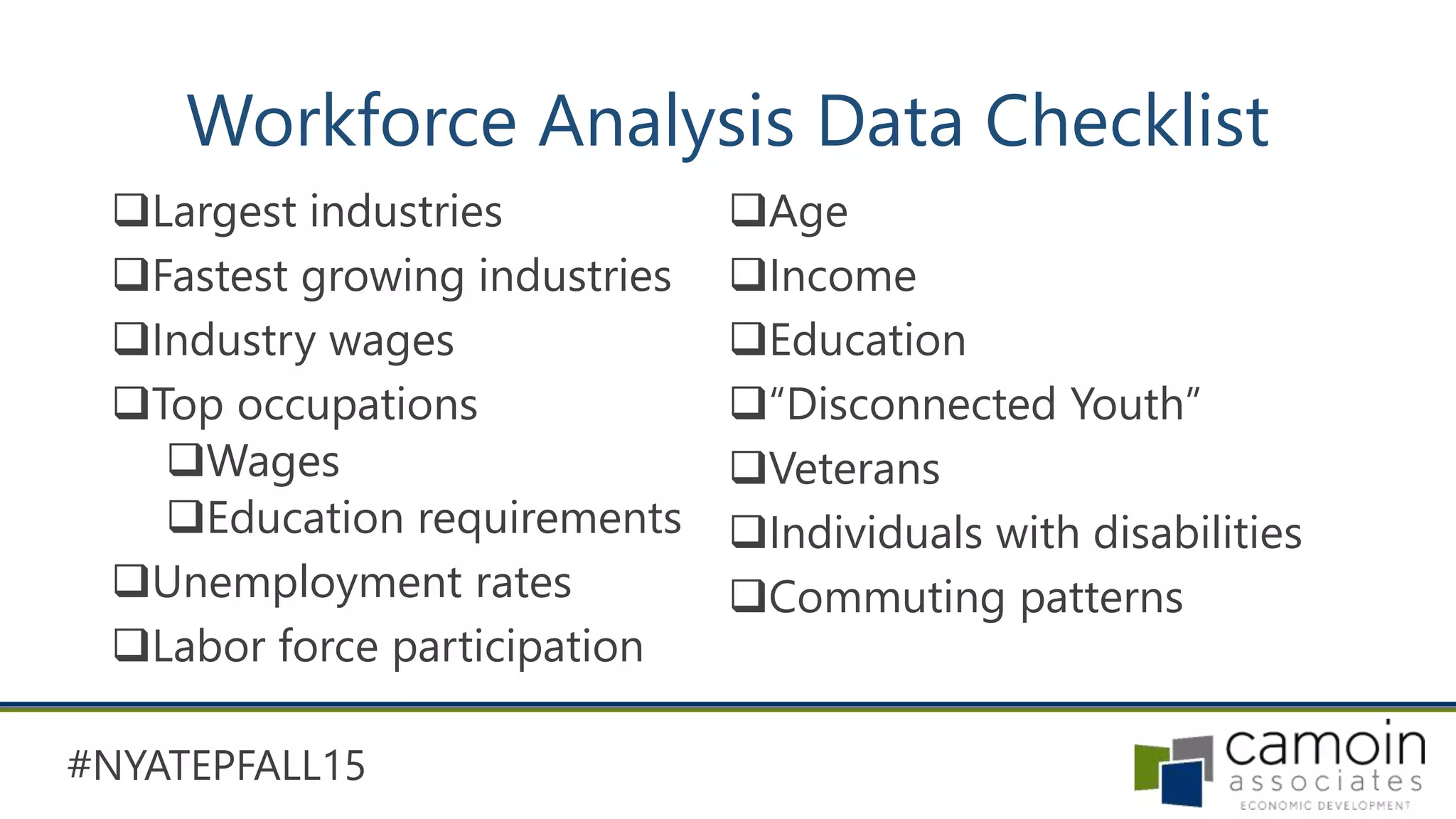 #NYATEPFALL15
Workforce Analysis Data Checklist
Largest industries
Fastest growing industries
Industry wages
Top occupations
Wages
Education requirements
Unemployment rates
Labor force participation
Age
Income
Education
“Disconnected Youth”
Veterans
Individuals with disabilities
Commuting patterns
 