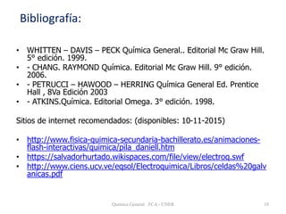Bibliografía:
• WHITTEN – DAVIS – PECK Química General.. Editorial Mc Graw Hill.
5° edición. 1999.
• - CHANG. RAYMOND Química. Editorial Mc Graw Hill. 9° edición.
2006.
• - PETRUCCI – HAWOOD – HERRING Química General Ed. Prentice
Hall , 8Va Edición 2003
• - ATKINS.Química. Editorial Omega. 3° edición. 1998.
Sitios de internet recomendados: (disponibles: 10-11-2015)
• http://www.fisica-quimica-secundaria-bachillerato.es/animaciones-
flash-interactivas/quimica/pila_daniell.htm
• https://salvadorhurtado.wikispaces.com/file/view/electroq.swf
• http://www.ciens.ucv.ve/eqsol/Electroquimica/Libros/celdas%20galv
anicas.pdf
Quimica General FCA - UNER 18
 