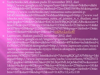 ? Vedicbooks.net, diakses pada 22 november 2012, dari
http://www.google.co.id/imgres?um=1&hl=id&sa=N&tbo=d&bi
w=1024&bih=497&tbm=isch&tbnid=T2nvDSfD3W9byM:&imgrefur
l=http://www.vedicbooks.net/mimamsa-sutra-jaimini-p-
14145.html&docid=H0mazK7wsMaasM&imgurl=http://www.ved
icbooks.net/images/mimamsa_sutra_of_jaimini_n_v_thadani_med
ium.jpg&w=180&h=265&ei=EnCtUJm5H8jQrQf1j4GABw&zoom=1
&iact=hc&vpx=173&vpy=141&dur=1150&hovh=212&hovw=144&t
x=107&ty=109&sig=112456959942274745788&page=1&tbnh=136&t
bnw=93&start=0&ndsp=18&ved=1t:429,r:2,s:0,i:87
? Laprocure, diakses pada22 november 2012, dari
http://www.google.co.id/imgres?q=gambar+kitab+nyayasutra&u
m=1&hl=id&sa=N&tbo=d&biw=1024&bih=497&tbm=isch&tbnid=j
Ex5NWCt7P54KM:&imgrefurl=http://www.laprocure.com/nyaya
-sutra-gautama-aksapada-nyaya-bhasya-aksapada-paksilasvamin-
art-conduire-pensee-inde-
ancienn/9782251720517.html&docid=7duimgRQCgZAFM&itg=1&i
mgurl=http://www.laprocure.com/cache/couvertures/978225172
0517.jpg&w=400&h=615&ei=jW2tUKjsHMLIrQeS4oD4Dw&zoom=
1&iact=hc&vpx=802&vpy=78&dur=4050&hovh=278&hovw=181&t
x=101&ty=103&sig=112456959942274745788&page=1&tbnh=136&t
bnw=107&start=0&ndsp=13&ved=1t:429,r:12,s:0,i:118
 