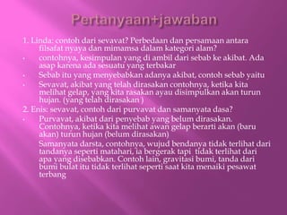1. Linda: contoh dari sevavat? Perbedaan dan persamaan antara
filsafat nyaya dan mimamsa dalam kategori alam?
? contohnya, kesimpulan yang di ambil dari sebab ke akibat. Ada
asap karena ada sesuatu yang terbakar
? Sebab itu yang menyebabkan adanya akibat, contoh sebab yaitu
? Sevavat, akibat yang telah dirasakan contohnya, ketika kita
melihat gelap, yang kita rasakan ayau disimpulkan akan turun
hujan. (yang telah dirasakan )
2. Enis: sevavat, contoh dari purvavat dan samanyata dasa?
? Purvavat, akibat dari penyebab yang belum dirasakan.
Contohnya, ketika kita melihat awan gelap berarti akan (baru
akan) turun hujan (belum dirasakan)
Samanyata darsta, contohnya, wujud bendanya tidak terlihat dari
tandanya seperti matahari, ia bergerak tapi tidak terlihat dari
apa yang disebabkan. Contoh lain, gravitasi bumi, tanda dari
bumi bulat itu tidak terlihat seperti saat kita menaiki pesawat
terbang
 