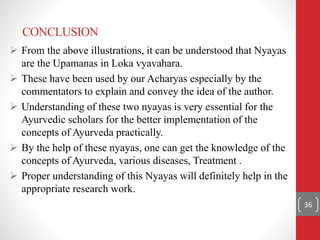 CONCLUSION
 From the above illustrations, it can be understood that Nyayas
are the Upamanas in Loka vyavahara.
 These have been used by our Acharyas especially by the
commentators to explain and convey the idea of the author.
 Understanding of these two nyayas is very essential for the
Ayurvedic scholars for the better implementation of the
concepts of Ayurveda practically.
 By the help of these nyayas, one can get the knowledge of the
concepts of Ayurveda, various diseases, Treatment .
 Proper understanding of this Nyayas will definitely help in the
appropriate research work.
36
 