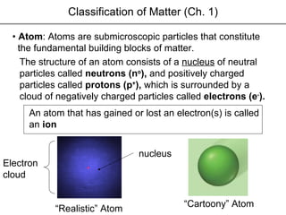 Classification of Matter (Ch. 1) •  Atom : Atoms are submicroscopic particles that constitute  the fundamental building blocks of matter. The structure of an atom consists of a  nucleus  of neutral particles called  neutrons (n o ),  and positively charged particles called  protons (p + ),  which is surrounded by a cloud of negatively charged particles called  electrons (e - ).   nucleus Electron cloud “ Realistic” Atom “ Cartoony” Atom An atom that has gained or lost an electron(s) is called an  ion 