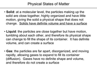 Physical States of Matter •  Solid : at a molecular level, the particles making up the  solid are close together, highly organized and have little  motion, giving the solid a physical shape that does not  change.  Solids have definite volume and have a surface   •  Liquid : the particles are close together but have motion,  tumbling about each other, and therefore its physical shape  can change to fill the shape of its container.  It has definite  volume, and can create a surface  •  Gas : the particles are far apart, disorganized, and moving  rapidly, allowing gases to expand to fill its container  (diffusion).  Gases have no definite shape and volume,  and therefore do not create a surface  