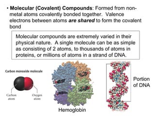 •  Molecular (Covalent) Compounds : Formed from non- metal atoms covalently bonded together.  Valence  electrons between atoms  are shared  to form the covalent  bond Molecular compounds are extremely varied in their physical nature.  A single molecule can be as simple as consisting of 2 atoms, to thousands of atoms in proteins, or millions of atoms in a strand of DNA. Hemoglobin Portion of DNA 