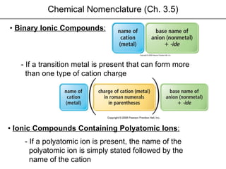 Chemical Nomenclature (Ch. 3.5) •  Binary   Ionic Compounds : - If a transition metal is present that can form more than one type of cation charge - If a polyatomic ion is present, the name of the  polyatomic ion is simply stated followed by the name of the cation •  Ionic Compounds Containing Polyatomic Ions : 