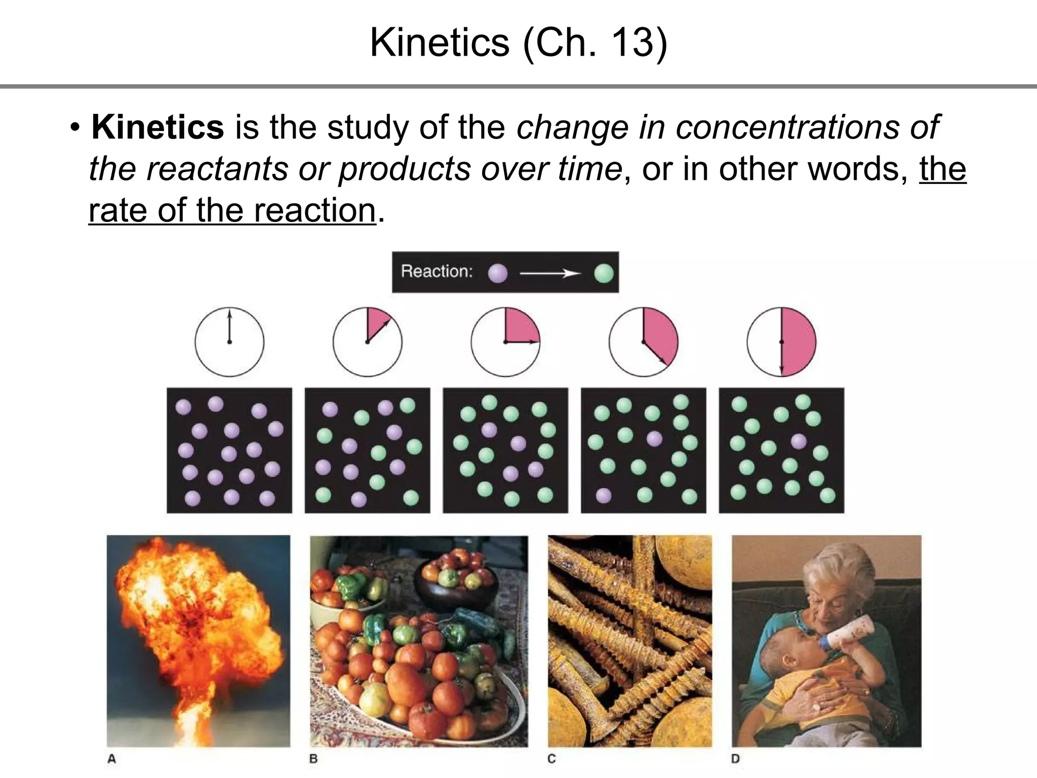 Kinetics (Ch. 13) •  Kinetics  is the study of the  change in concentrations of  the reactants or products over time , or in other words,  the  rate of the reaction . 