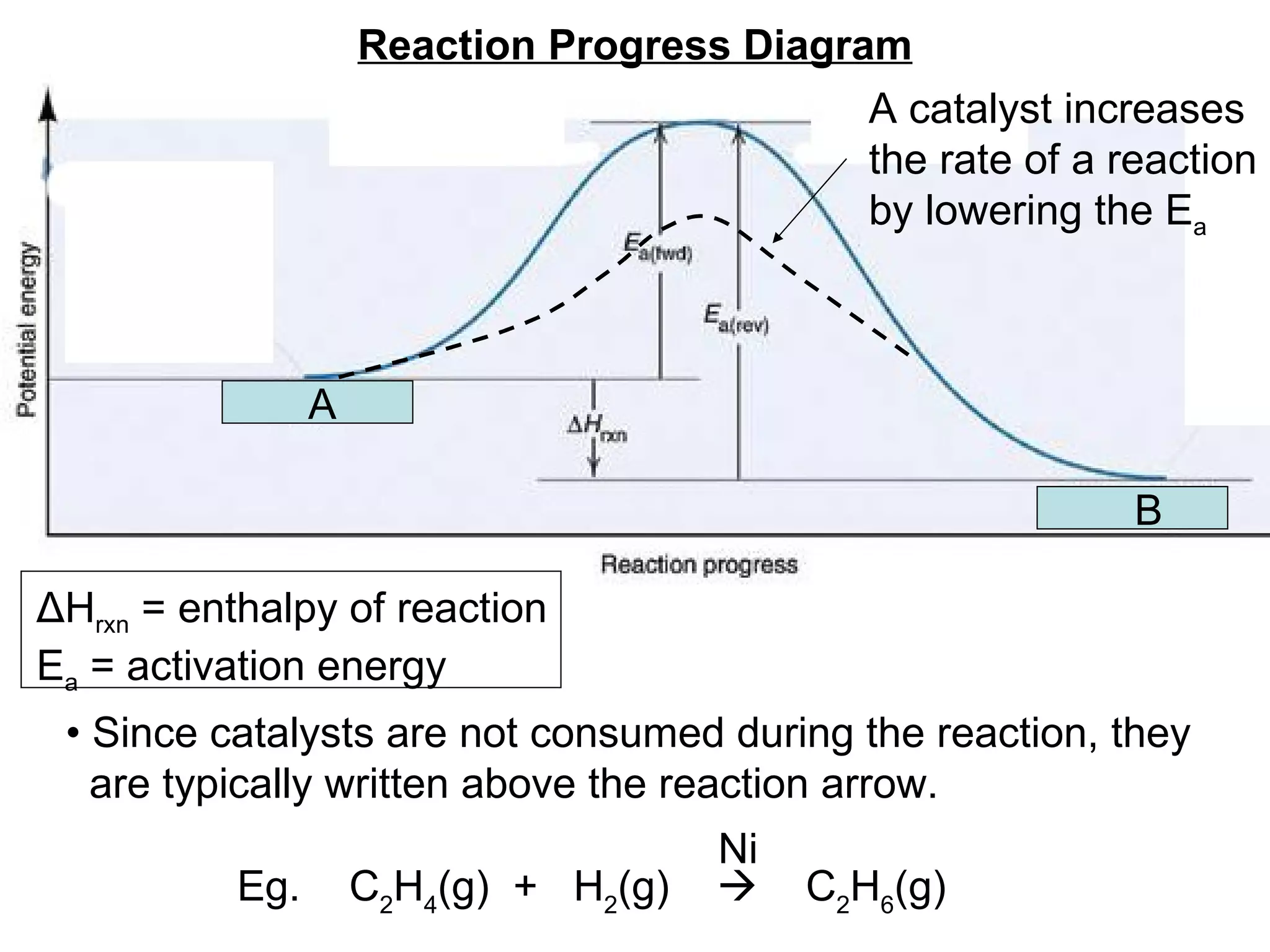 Reaction Progress Diagram •  Since catalysts are not consumed during the reaction, they  are typically written above the reaction arrow. A B A catalyst increases the rate of a reaction by lowering the E a Δ H rxn  = enthalpy of reaction E a  = activation energy C 2 H 4 (g)  +  H 2 (g)     C 2 H 6 (g) Ni Eg. 