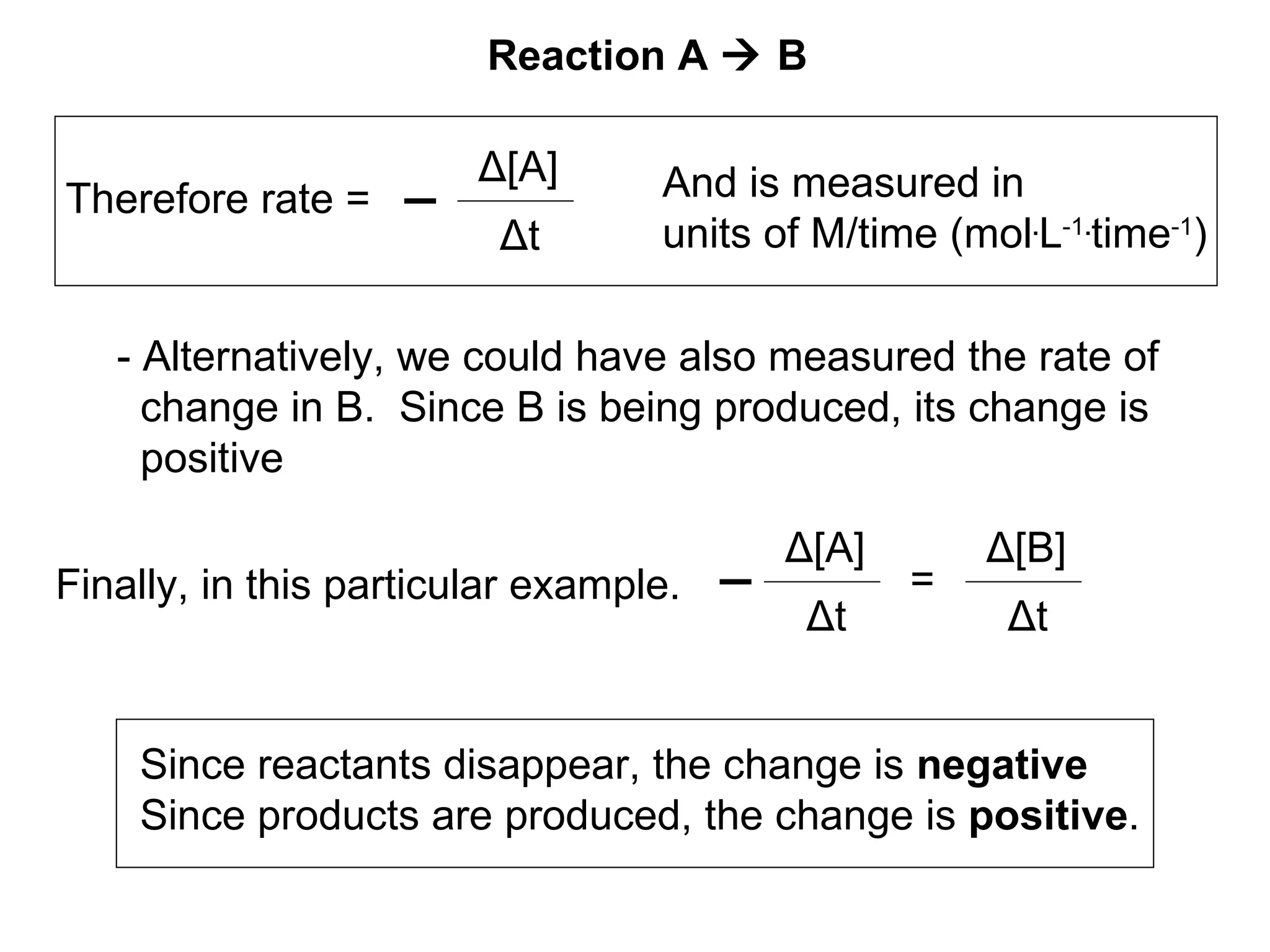 - Alternatively, we could have also measured the rate of change in B.  Since B is being produced, its change is positive Reaction A    B Finally, in this particular example.  Since reactants disappear, the change is  negative Since products are produced, the change is  positive . Δ [A] Δ t Therefore rate = And is measured in  units of M/time ( mol . L -1 . time -1 ) Δ [B] Δ t Δ [A] Δ t = 