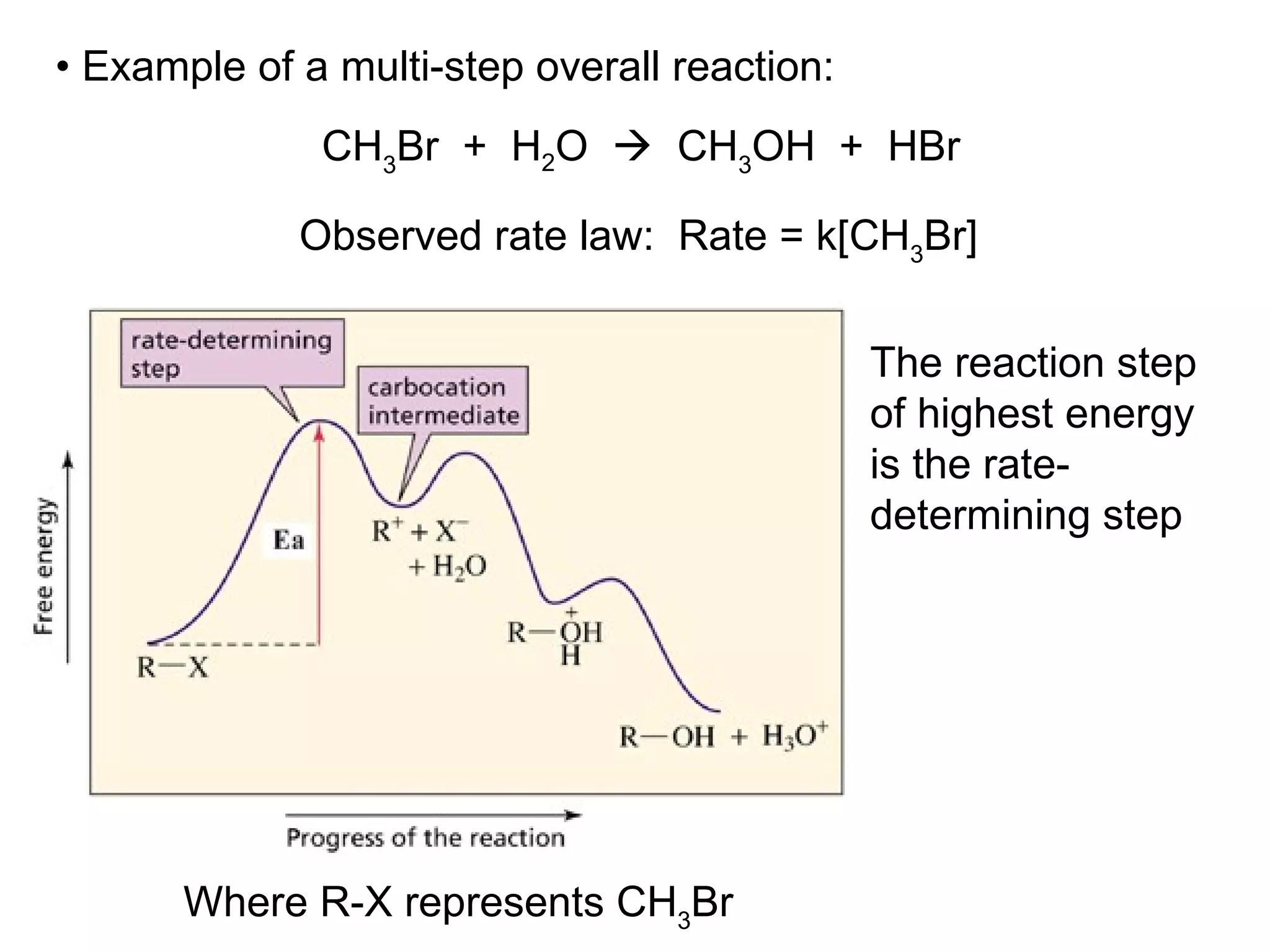 Where R-X represents  CH 3 Br •  Example of a multi-step overall reaction: CH 3 Br  +  H 2 O     CH 3 OH  +  HBr The reaction step of highest energy is the rate- determining step Observed rate law:  Rate = k[ CH 3 Br ] 
