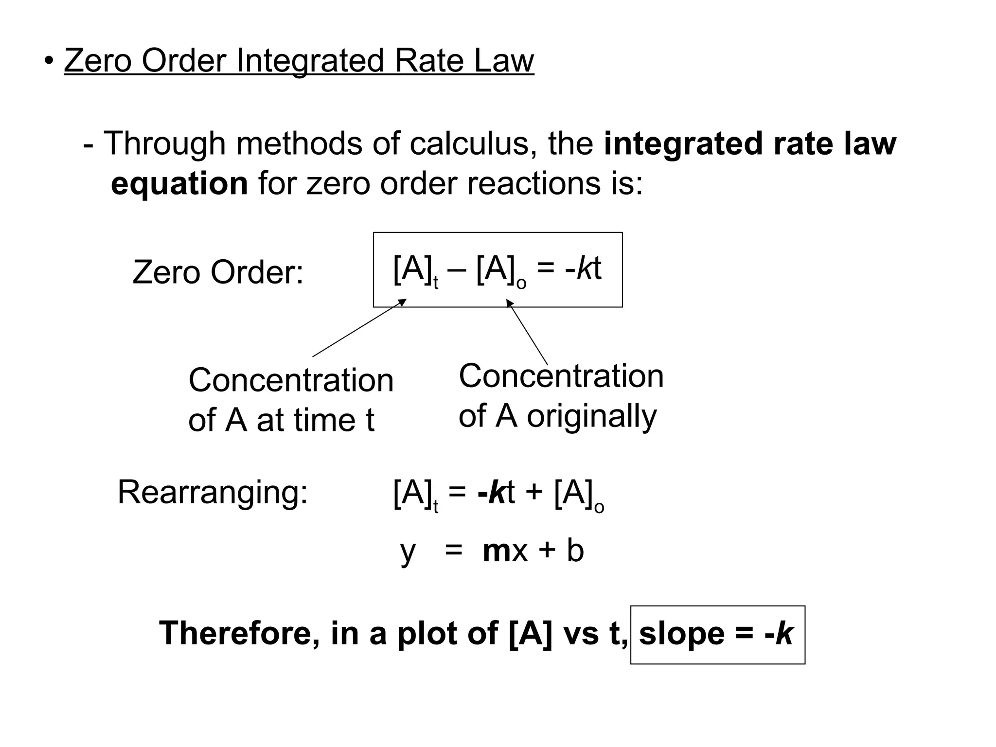 - Through methods of calculus, the  integrated rate law equation  for zero order reactions is: [A] t  – [A] o  = - k t Concentration of A at time t Concentration of A originally Rearranging:  [A] t  =  - k t + [A] o   y  =  m x + b Therefore, in a plot of [A] vs t, slope = - k Zero Order: •  Zero Order Integrated Rate Law 