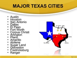MAJOR TEXAS CITIES

•   Austin
•   Houston
•   San Antonio
•   Dallas
•   El Paso
•   Fort Worth
•   Corpus Christi
•   Ar...