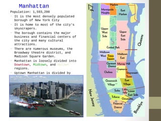 Manhattan 
Population: 1,593,200 
- It is the most densely populated 
borough of New York City 
- It is home to most of the city's 
skyscrapers. 
- The borough contains the major 
business and financial centers of 
the city and many cultural 
attractions. 
- There are numerous museums, the 
Broadway theatre district, and 
Madison Square Garden. 
- Manhattan is loosely divided into 
Downtown, Midtown, and Uptown 
regions. 
- Uptown Manhattan is divided by 
Central Park into the Upper East 
Side and the 
- Upper West Side, and above the park 
is Harlem. 
 