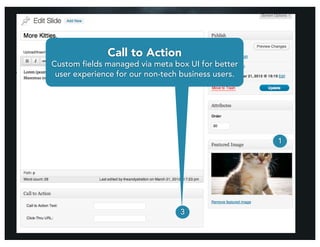 2
                 Call to Action
Custom fields managed via meta box UI for better
 user experience for our non-tech business users.




                                                    1




                                 3
 