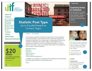 Statistic Post Type
 Up to 8 pulled based on
     Content Tag(s)
 