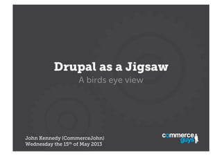 Drupal as a Jigsaw
A birds eye view

John Kennedy (CommerceJohn)
Wednesday the 15th of May 2013

 