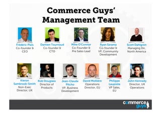 Commerce Guys’
Management Team
Frédéric Plais
Co-founder &
CEO

Damien Tournoud
Co-founder &
CTO

Kieron
Rob Douglass
Sambrook-Smith Director of
Non-Exec
Products	
  
Director, UK

Mike O'Connor
Co-Founder &
Pre Sales Lead

Jean-Claude
Pitcho
VP, Business
Development

Ryan Szrama
Co-founder &
VP, Community
Development

David Mollière
Operations
Director, EU

Philippe
Lauprete
VP Sales,
EU

Scott Dahlgren
Managing Dir,
North America

John Kennedy
Director, UK
Operations

 