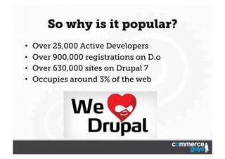 So why is it popular?
• 
• 
• 
• 

Over 25,000 Active Developers
Over 900,000 registrations on D.o
Over 630,000 sites on Drupal 7
Occupies around 3% of the web

 