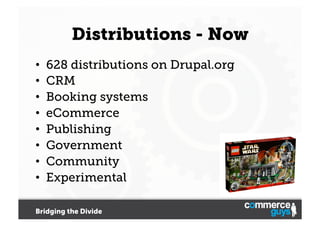 Distributions - Now
• 
• 
• 
• 
• 
• 
• 
• 

628 distributions on Drupal.org
CRM
Booking systems
eCommerce
Publishing
Government
Community
Experimental

Bridging the Divide

 