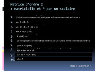 Matrice d’ordre 2+ matricielle et * par un scalaireFermeture de Commutativité de Associativité de Neutre de Opposé de Fermeture de Associativité mixte de Distributivité à gauche de  sur Distributivité à droite de  sur Neutre de L’addition de deux matrices d’ordre 2 donne une matrice d’ordre 2.A + B = B + A(A + B) + C = A + (B + C)0 + A = A + 0 = AA + (-A) = 0La multiplication d’une matrice d’ordre 2 par un scalaire donne une matrice d’ordre 2(km) A = k (mA) k(A + B) = kA + kB (k + m) A = kA + mA 1 A = ABase  ?   Dimension ?