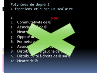 Polynômes de degré 2+ fonctions et * par un scalaireFermeture de Commutativité de Associativité de Neutre de Opposé de Fermeture de Associativité mixte de Distributivité à gauche de  sur Distributivité à droite de  sur Neutre de NON