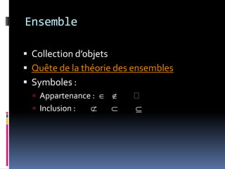 EnsembleCollection d’objetsQuête de la théorie des ensemblesSymboles :Appartenance :  		∉Inclusion :	 	 	 