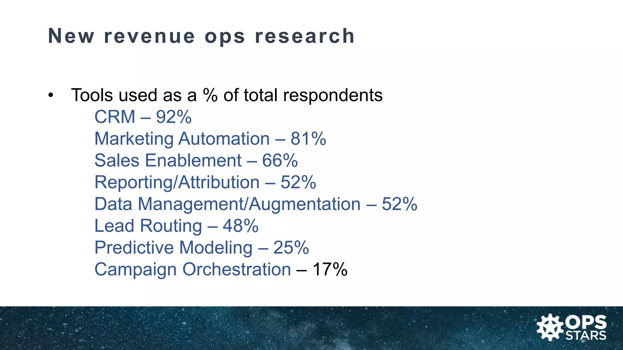 New revenue ops research
• Tools used as a % of total respondents
CRM – 92%
Marketing Automation – 81%
Sales Enablement – 66%
Reporting/Attribution – 52%
Data Management/Augmentation – 52%
Lead Routing – 48%
Predictive Modeling – 25%
Campaign Orchestration – 17%
 