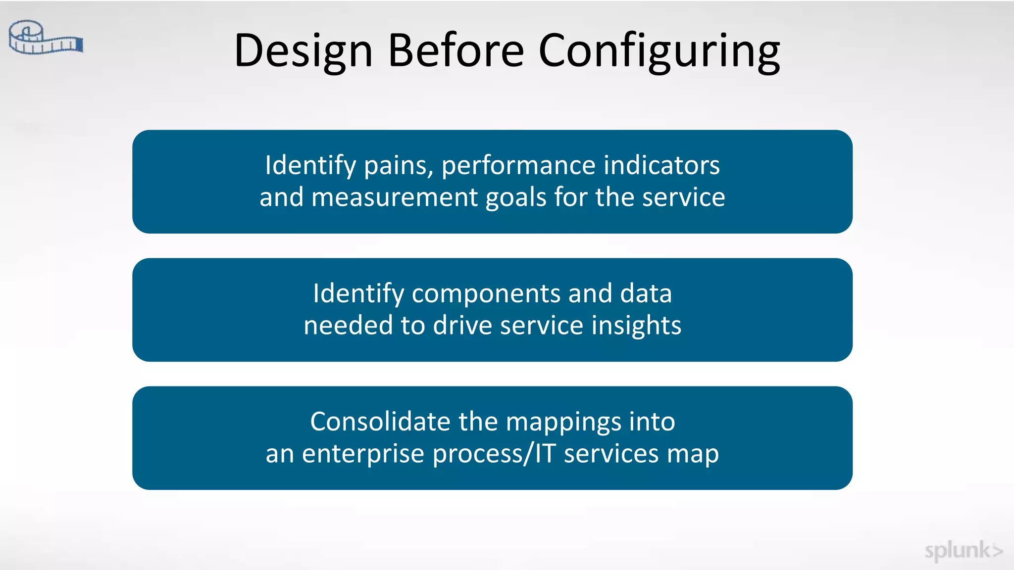 Design Before Configuring
Identify pains, performance indicators
and measurement goals for the service
Identify components and data
needed to drive service insights
Consolidate the mappings into
an enterprise process/IT services map
 