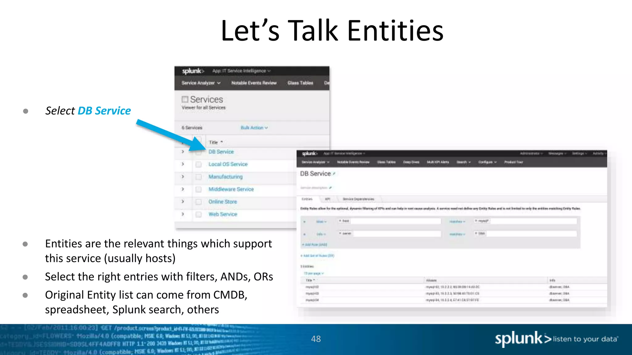Let’s Talk Entities
48
● Select DB Service
● Entities are the relevant things which support
this service (usually hosts)
● Select the right entries with filters, ANDs, ORs
● Original Entity list can come from CMDB,
spreadsheet, Splunk search, others
 