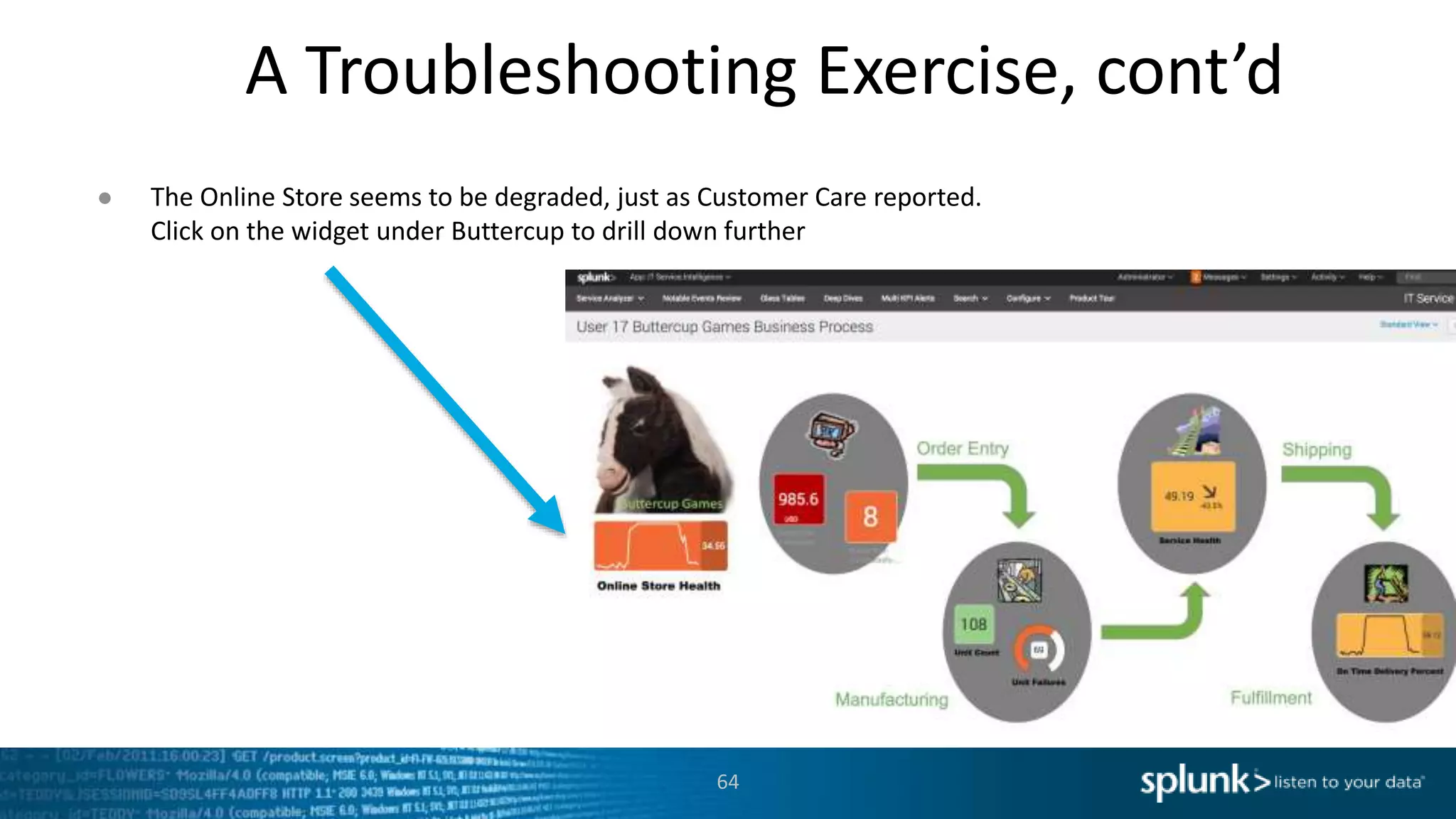 A Troubleshooting Exercise, cont’d
64
● The Online Store seems to be degraded, just as Customer Care reported.
Click on the widget under Buttercup to drill down further
 