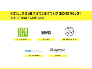 HERE’S A LIST OF WEBSITES YOU NEED TO KEEP CHECKING FOR MORE
UPDATES ON NYC STARTUP SCENE.

TECH & THE CIT Y

NYC GOV

NYC...