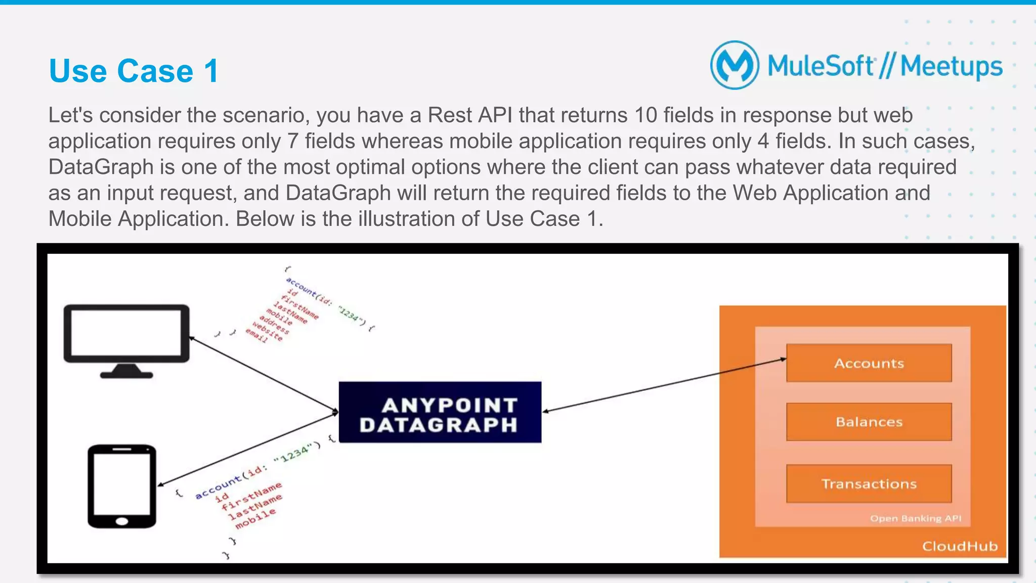 Use Case 1
Let's consider the scenario, you have a Rest API that returns 10 fields in response but web
application requires only 7 fields whereas mobile application requires only 4 fields. In such cases,
DataGraph is one of the most optimal options where the client can pass whatever data required
as an input request, and DataGraph will return the required fields to the Web Application and
Mobile Application. Below is the illustration of Use Case 1.
10
 