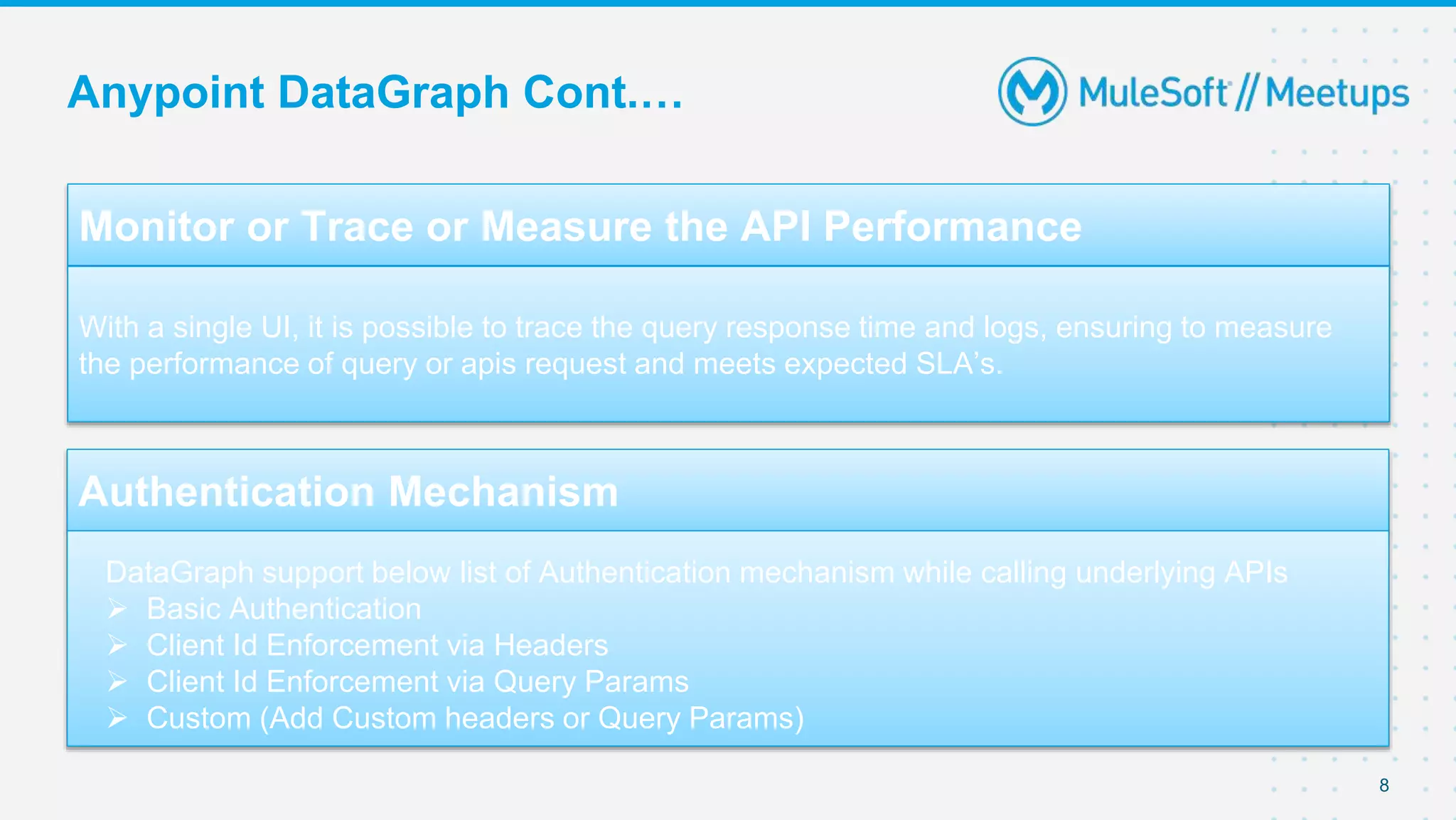 Anypoint DataGraph Cont.…
8
Monitor or Trace or Measure the API Performance
With a single UI, it is possible to trace the query response time and logs, ensuring to measure
the performance of query or apis request and meets expected SLA’s.
Authentication Mechanism
DataGraph support below list of Authentication mechanism while calling underlying APIs
 Basic Authentication
 Client Id Enforcement via Headers
 Client Id Enforcement via Query Params
 Custom (Add Custom headers or Query Params)
 