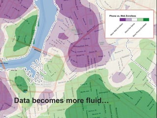 Phone vs. Web Enrollees




                                                                                  e
                                                               es




                                                                                                      es
                                                                                  m
                                                            lle




                                                                                                 lle
                                                                                Sa
                                                          ro




                                                                                                 ro
                                                                            e
                                                       En




                                                                                               En
                                                                           th
                                                     eb




                                                                      ut




                                                                                           e
                                                                                          on
                                                                       o
                                                    W




                                                                    Ab




                                                                                      Ph
                                                   e
                                                  or




                                                                                      e
                                                 M




                                                                                  or
                                                                                 M
                                                       World Street Map




          Data becomes more fluid…
Source: NYC Dept. of Health and Mental Hygiene
 