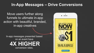 In-App Messages – Drive Conversions
Move users further along
funnels to ultimate in-app
action with beautiful, branded,
in-app creatives
4X HIGHER
In-app messages presented based
on an event have
conversion rates.
 