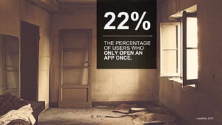 22%
THE PERCENTAGE
OF USERS WHO
ONLY OPEN AN
APP ONCE.
Localytics, 2015
 