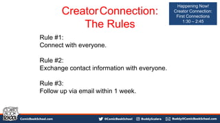 CreatorConnection:
The Rules
Rule #1:
Connect with everyone.
Rule #2:
Exchange contact information with everyone.
Rule #3:
Follow up via email within 1 week.
Happening Now!
Creator Connection:
First Connections
1:30 – 2:45
 
