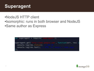 *
Superagent
•NodeJS HTTP client
•Isomorphic: runs in both browser and NodeJS
•Same author as Express
 