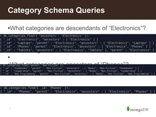 *
Category Schema Queries
•What categories are descendants of “Electronics”?
•
•What categories are children of “Non-Fiction”?
•
•What categories are ancestors of “Phones”?
 