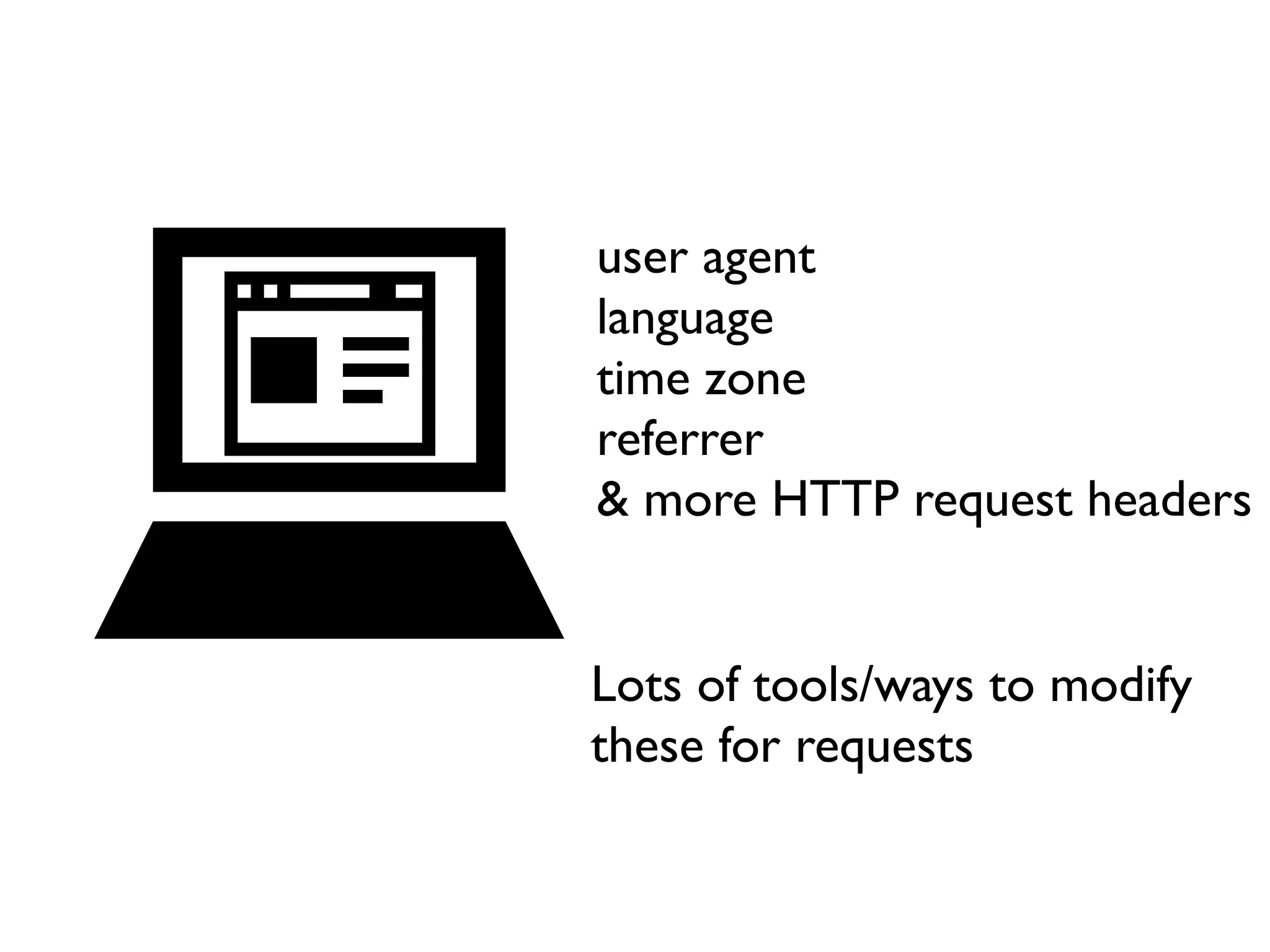 user agent language time zone referrer & more HTTP request headers Lots of tools/ways to modify these for requests 