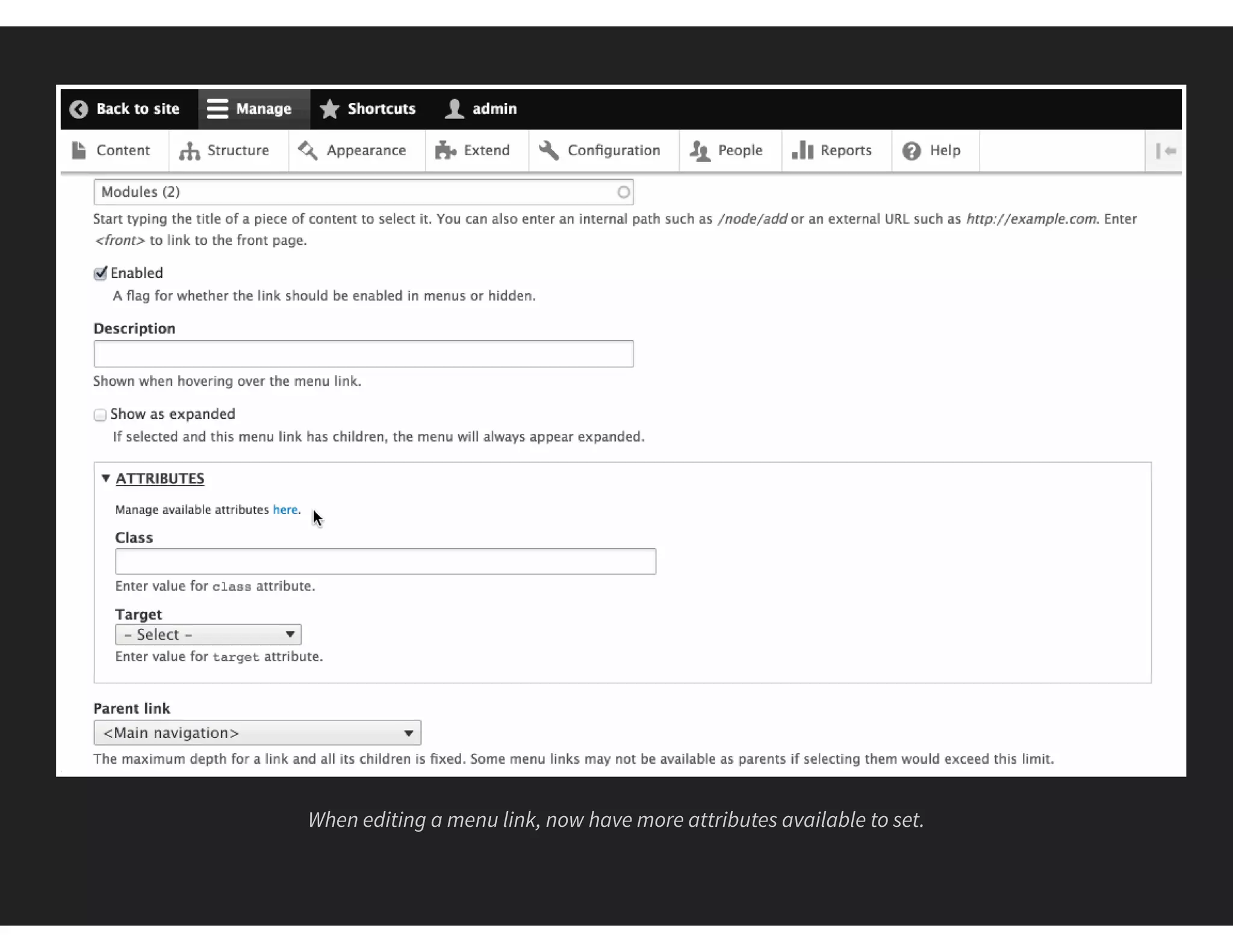 When editing a menu link, now have more attributes available to set.
 