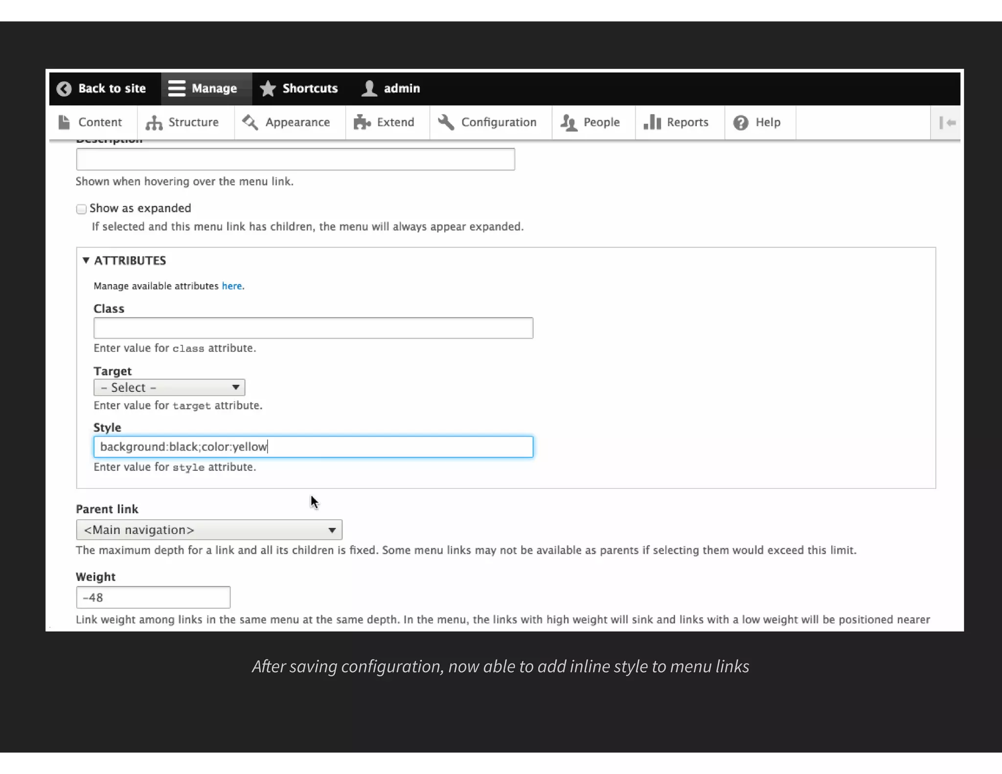 A er saving configuration, now able to add inline style to menu links
 
