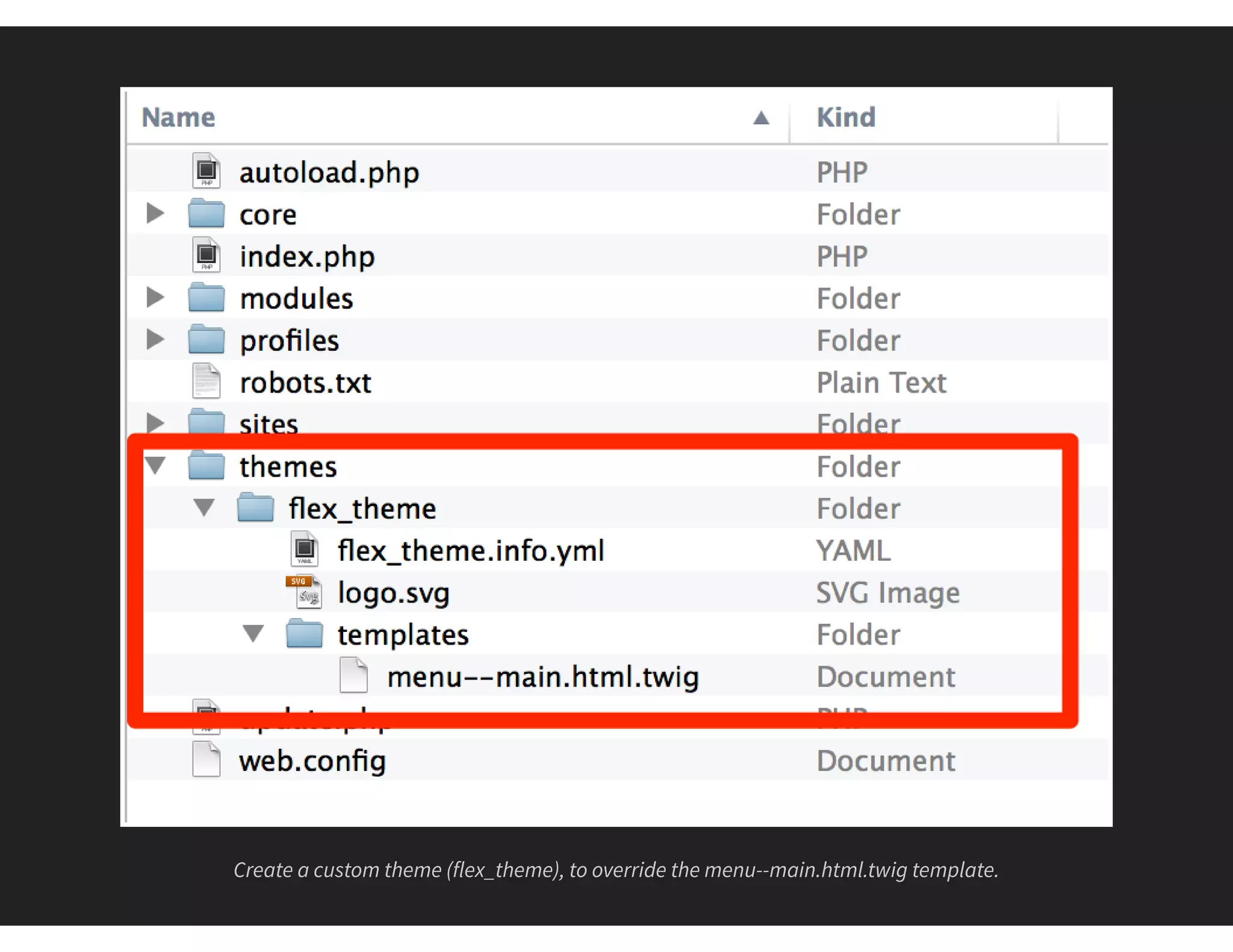 Create a custom theme (flex_theme), to override the menu--main.html.twig template.
 