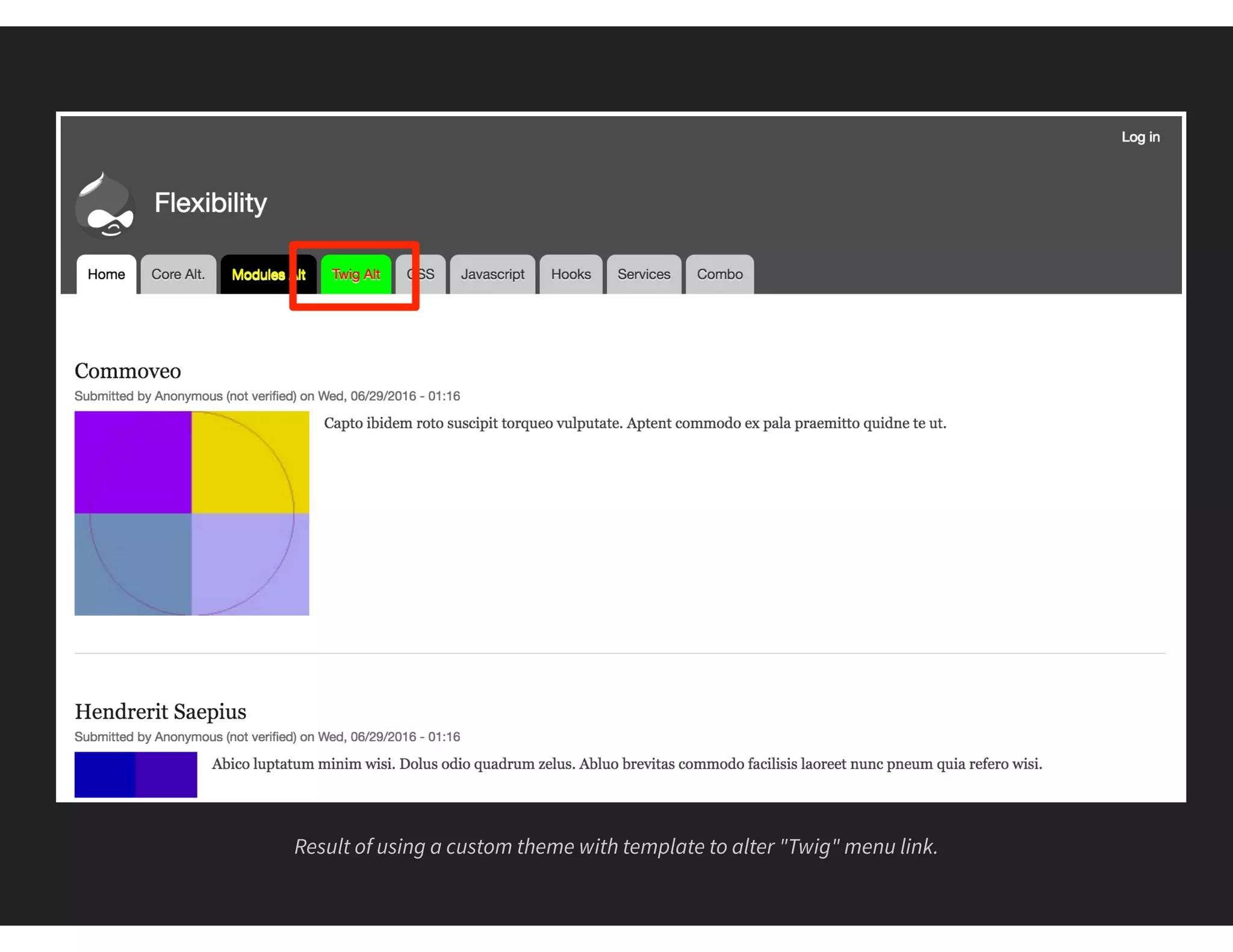 Result of using a custom theme with template to alter "Twig" menu link.
 
