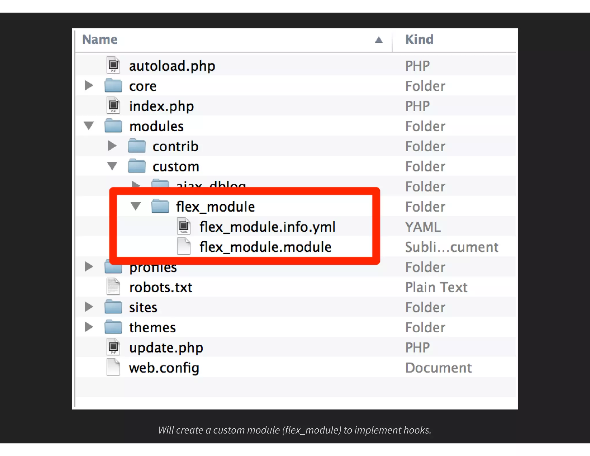 Will create a custom module (flex_module) to implement hooks.
 