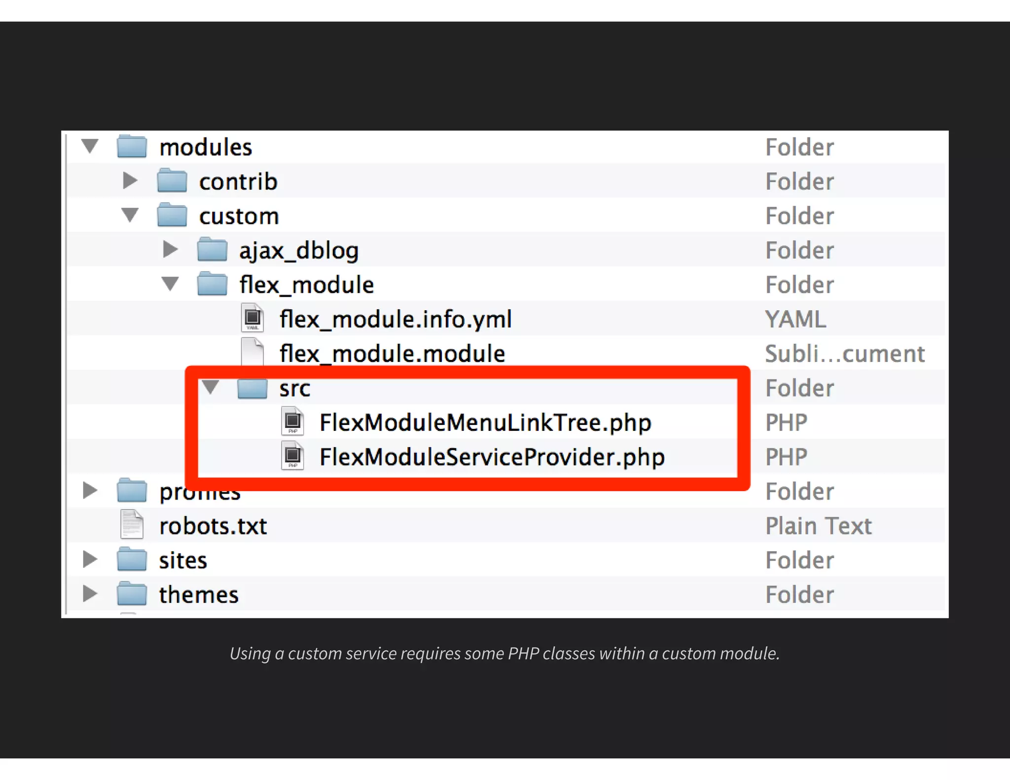 Using a custom service requires some PHP classes within a custom module.
 