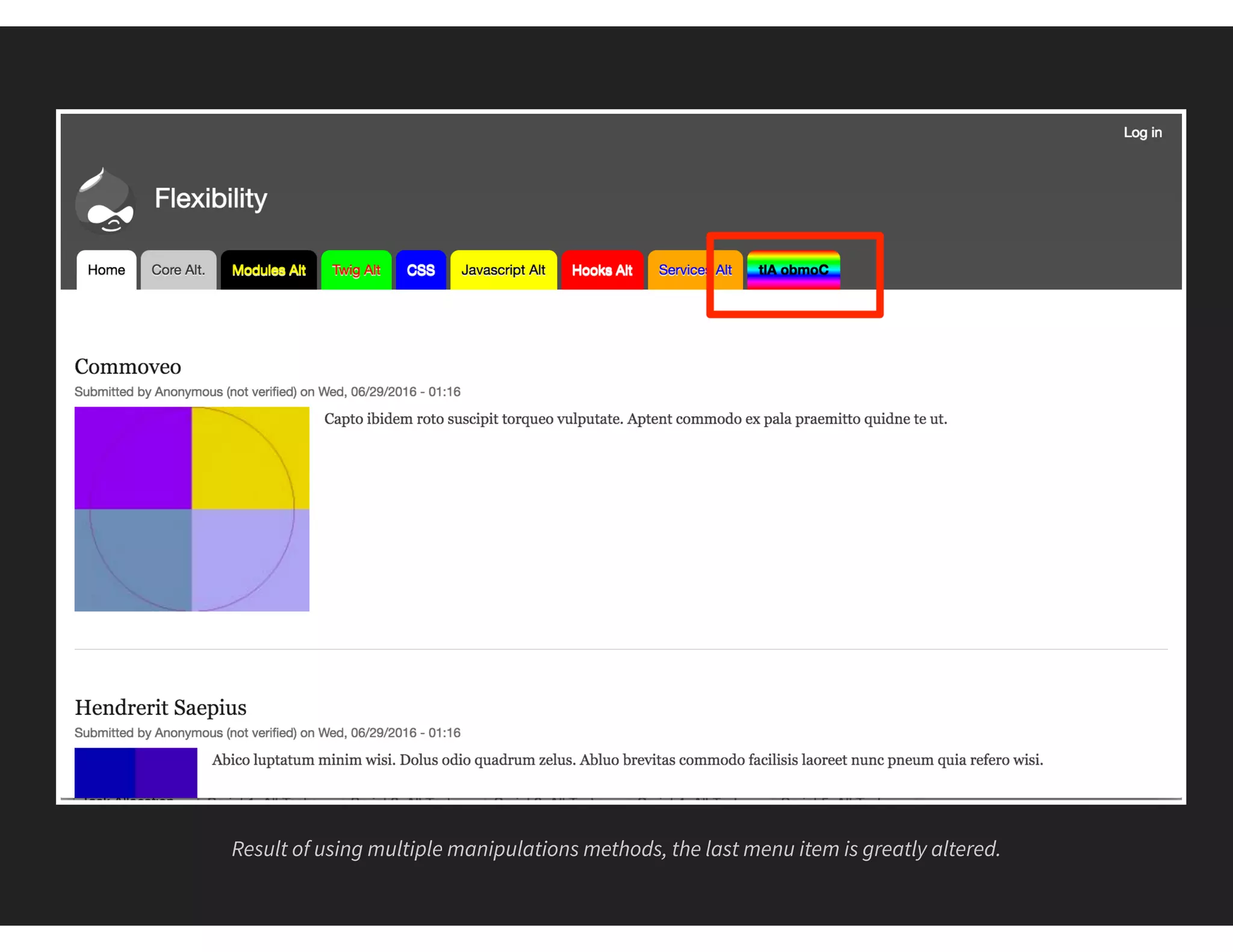 Result of using multiple manipulations methods, the last menu item is greatly altered.
 